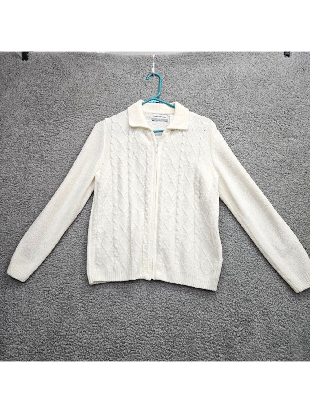 Alfred Dunner Petite Womens White Cable Knit Zip-Up Cardigan Sweater Size PL